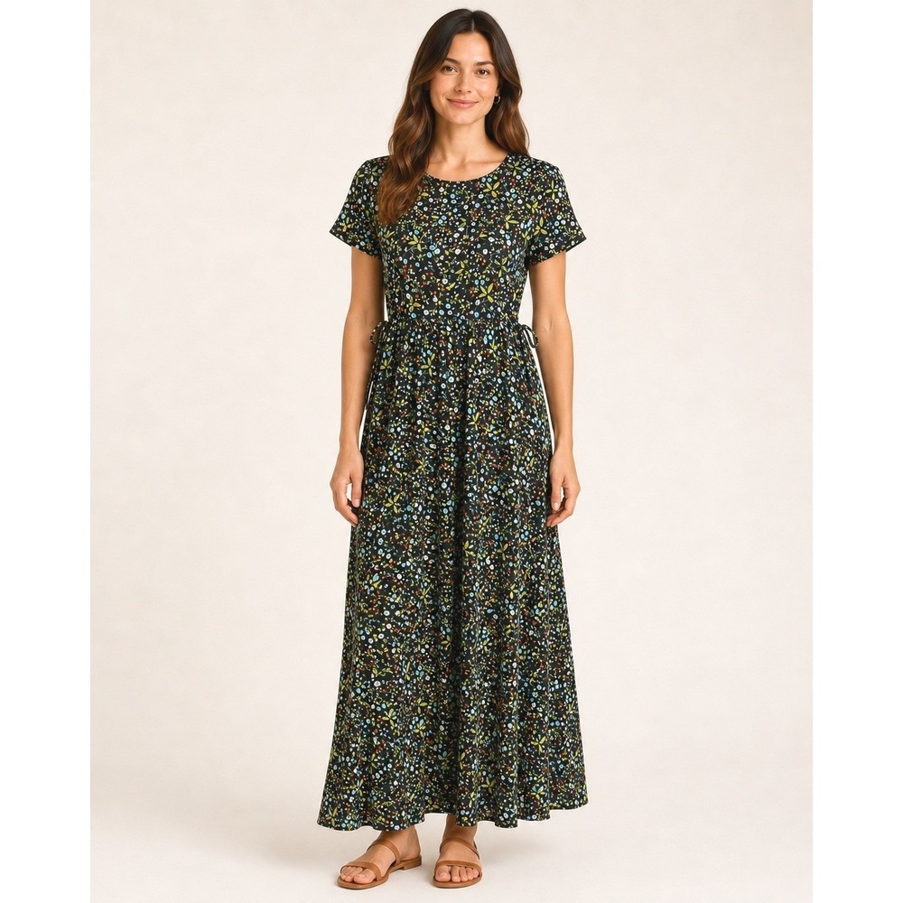 Liz Baker Womens Floral Maxi Dress 4P Black Short Sleeve Pleated Cottagecore